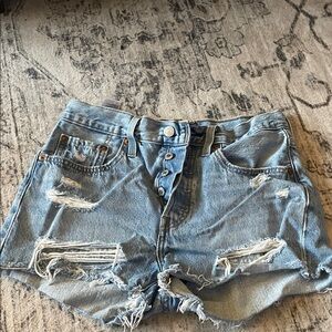 High-Rise Distressed Denim Shorts - Light Blue